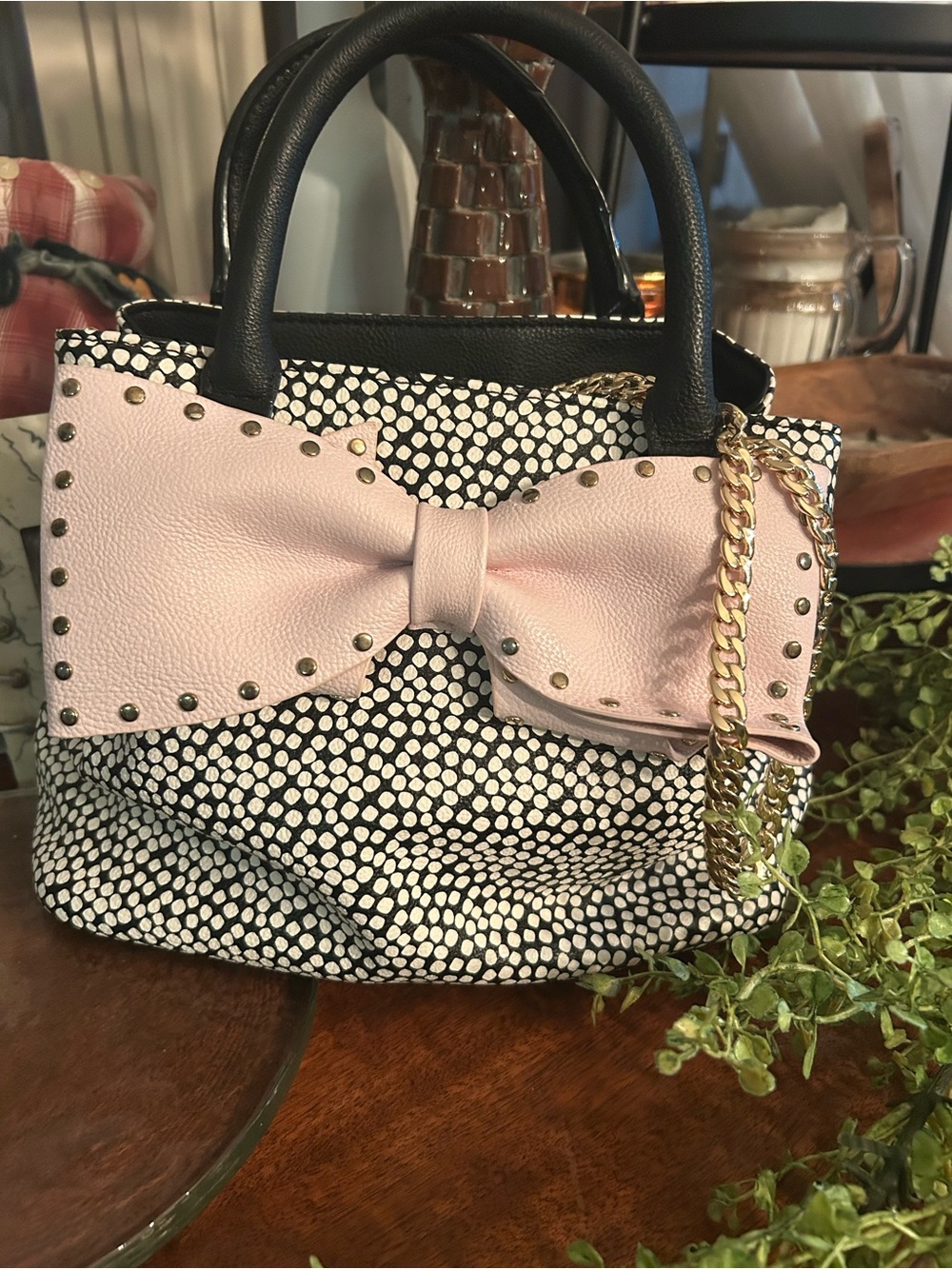 Betsy Johnson NWT Women's Black & White Dot Purse with Pink Bow Accent